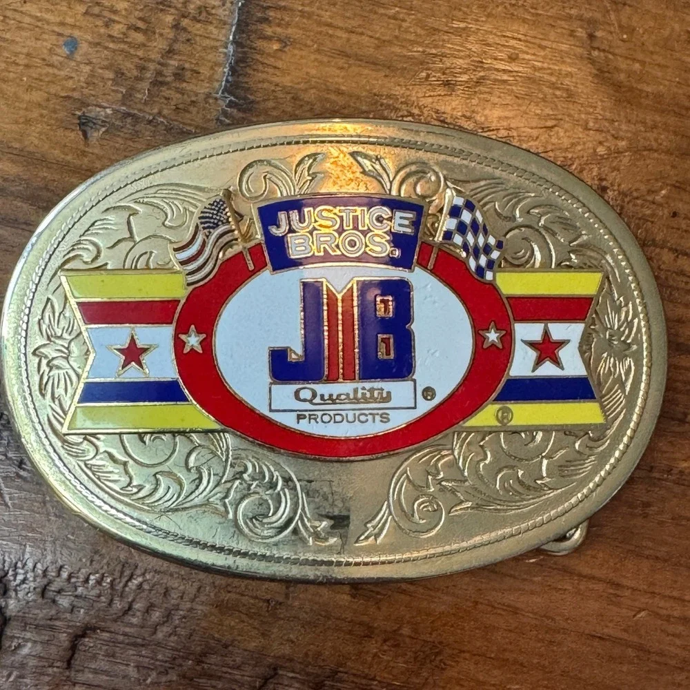 Vintage Justice Bros JB Racing Belt Buckle Gold Tone Western Scrollwork Enamel